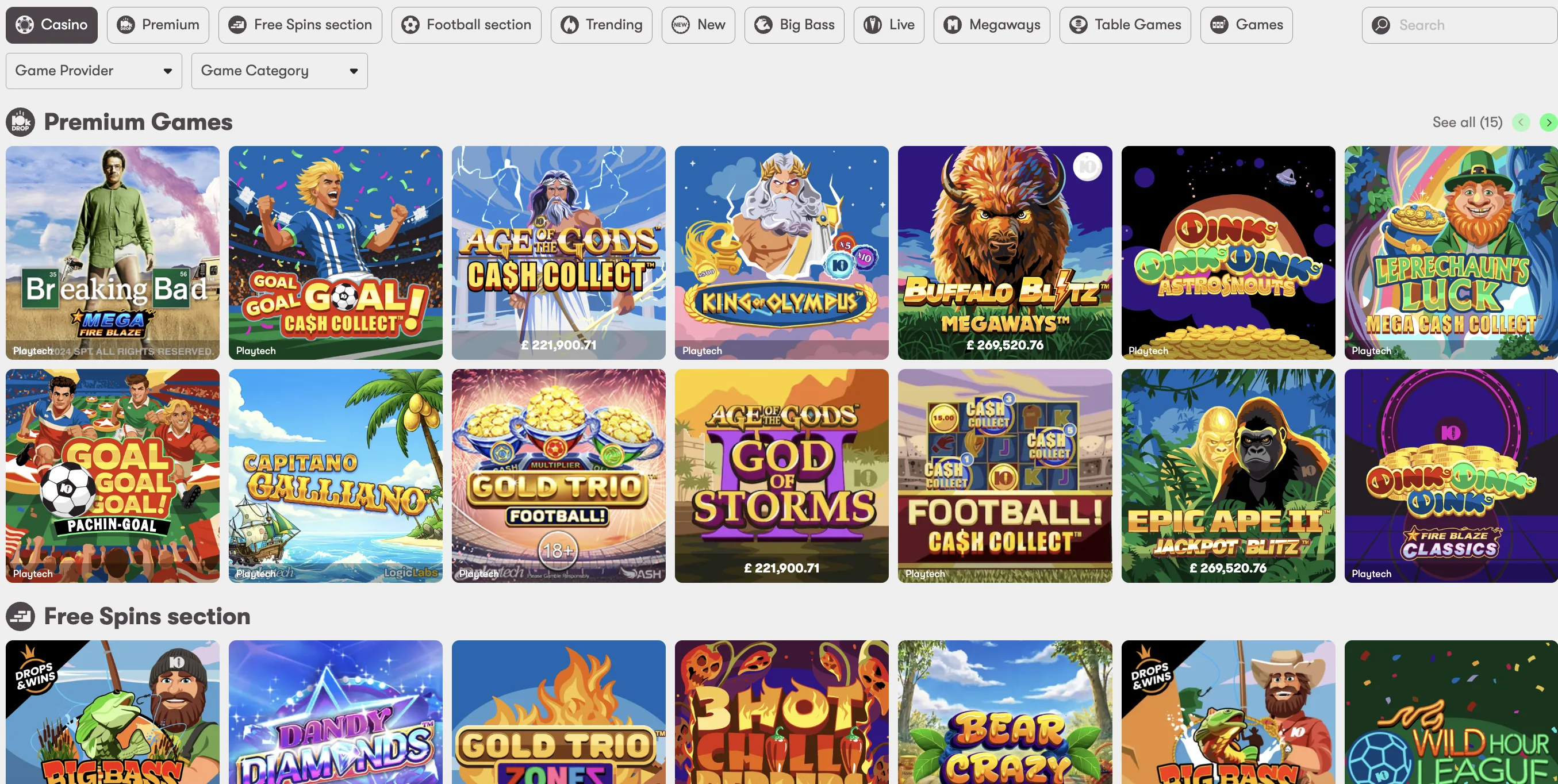 10Bet casino lobby showing featured games and casino navigation
