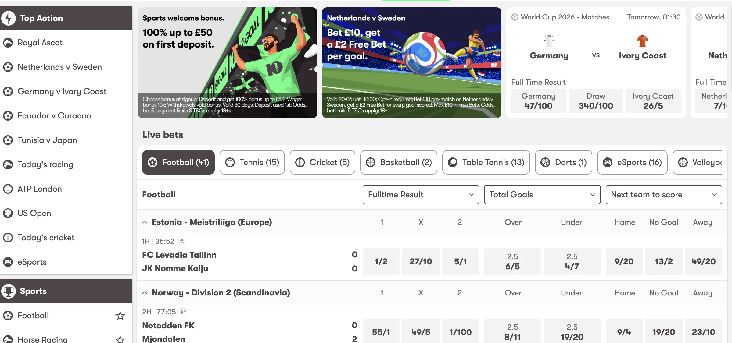 10Bet sportsbook interface showing sports navigation, event lists, and odds markets