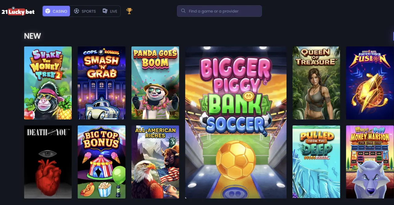21LuckyBet casino lobby showing slot and casino game sections