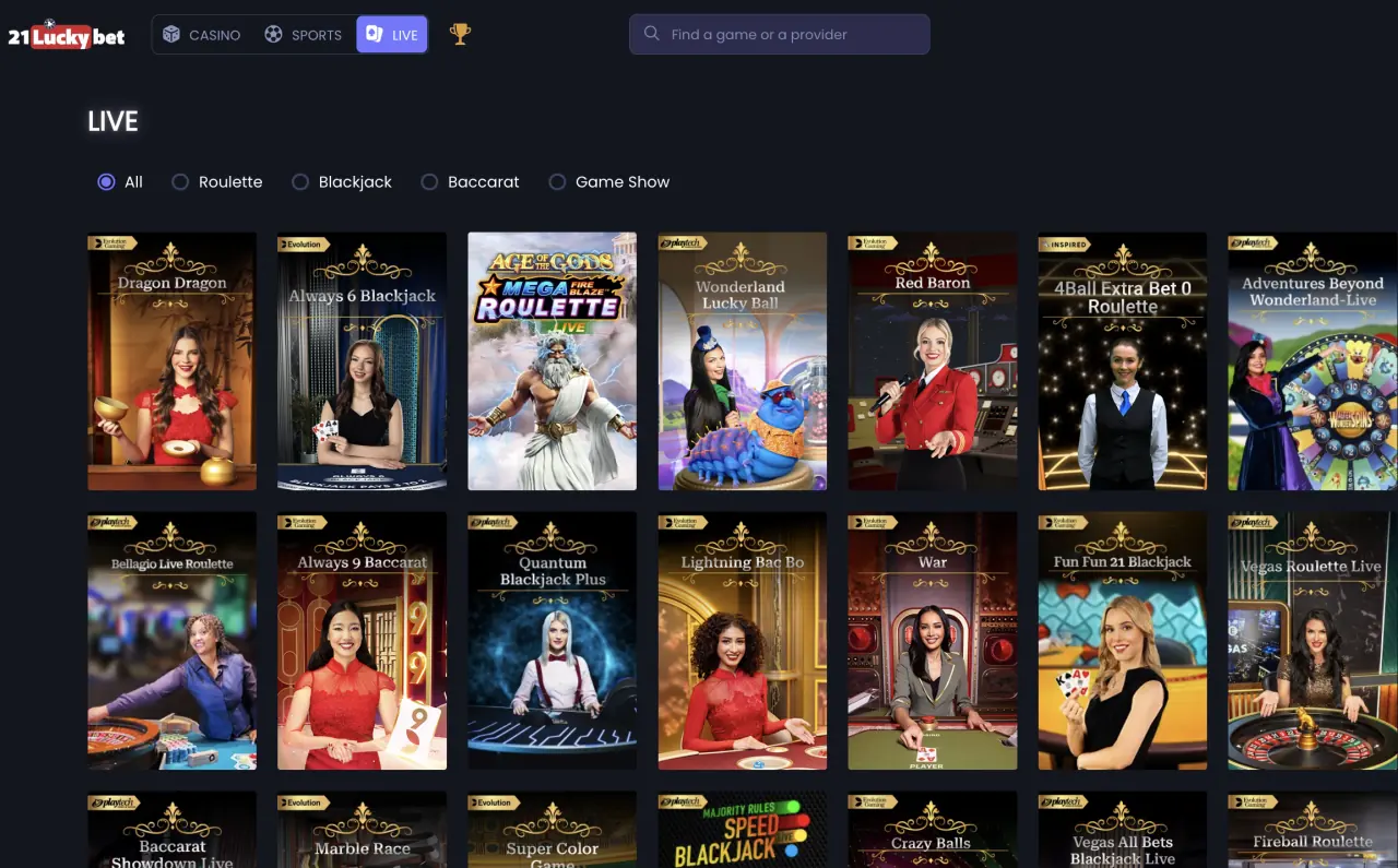 21LuckyBet live casino screen showing live table game access