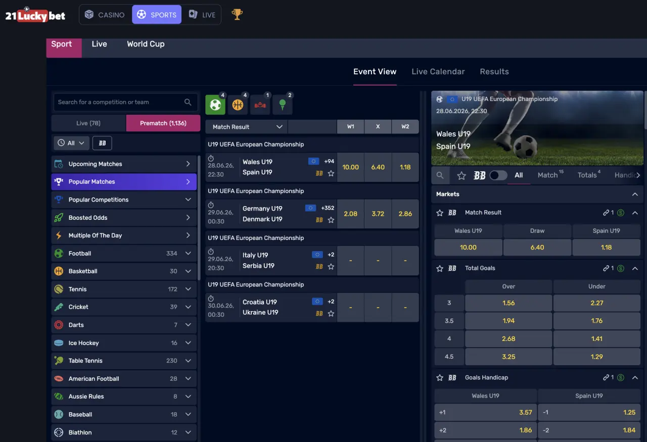 21LuckyBet sportsbook interface showing sports betting layout and markets