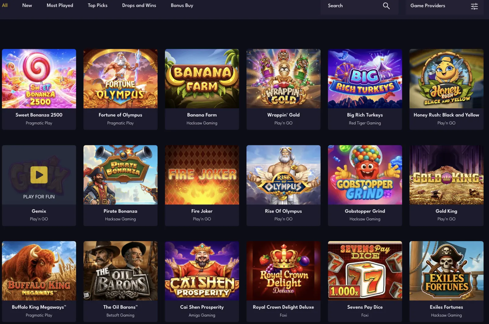 AllStarz Casino lobby screenshot showing the main game layout and featured tiles