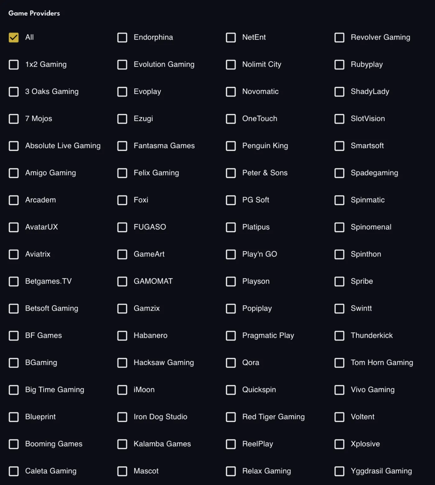 AllStarz Casino providers screen showing multiple well known slot and casino studios