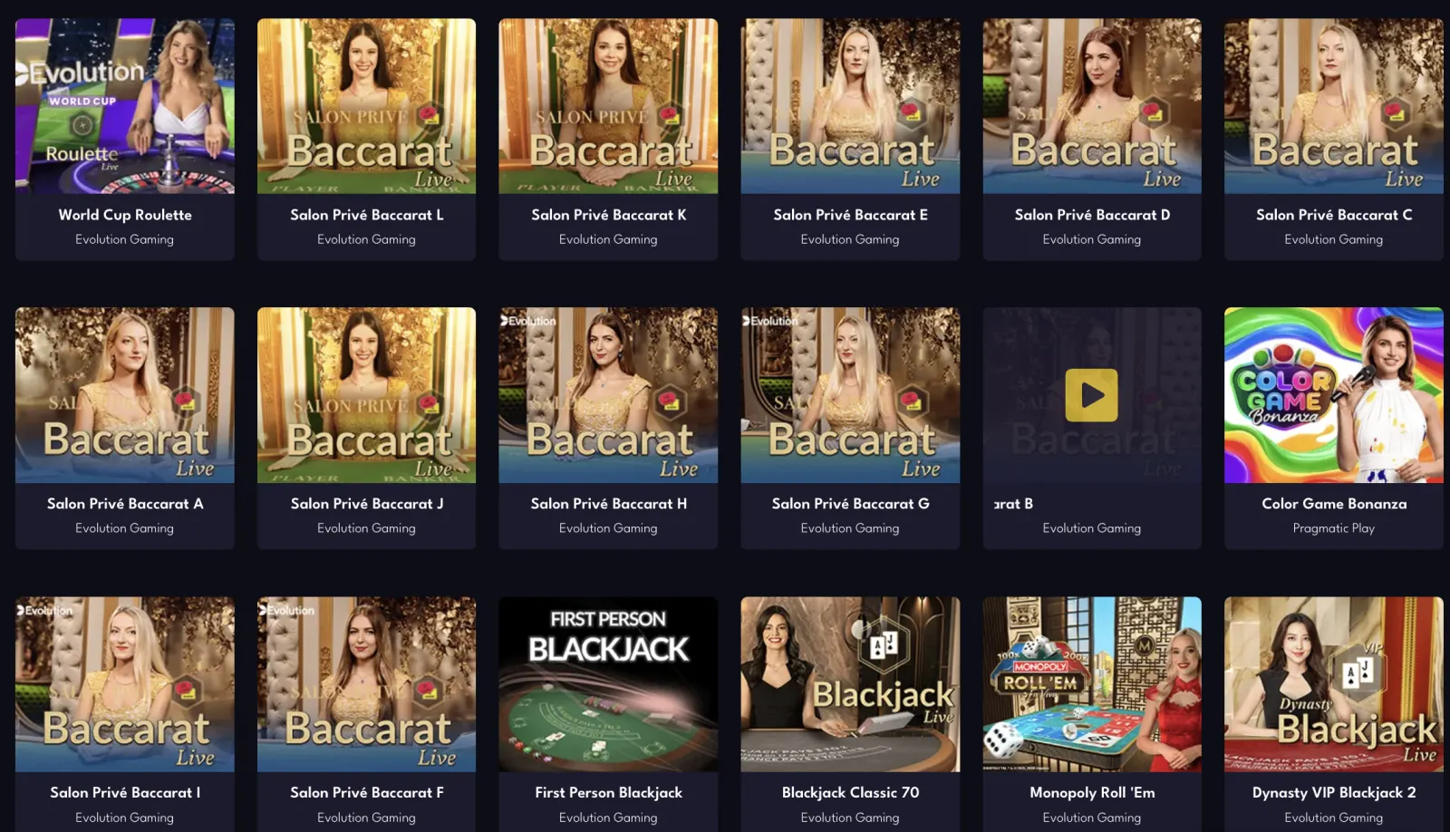 AllStarz live casino screenshot showing dealer tables and live game thumbnails