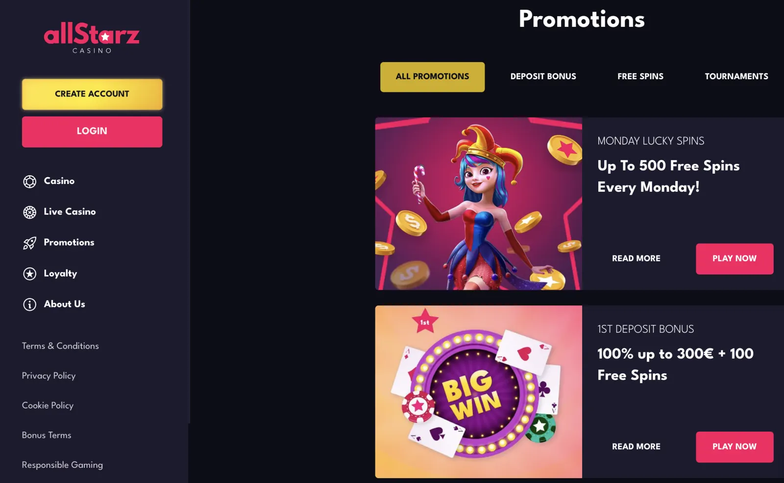 AllStarz promotions screenshot showing bonus and ongoing campaign sections