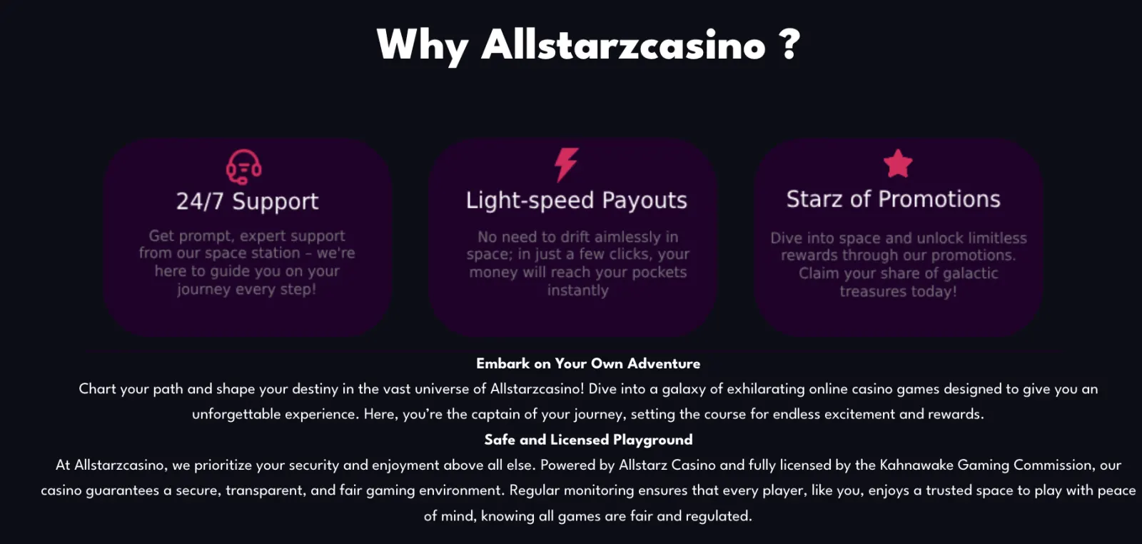 AllStarz support and licence screenshot showing Kahnawake details and help access