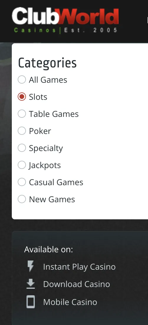 Club World Casino screenshot showing the game categories and product mix