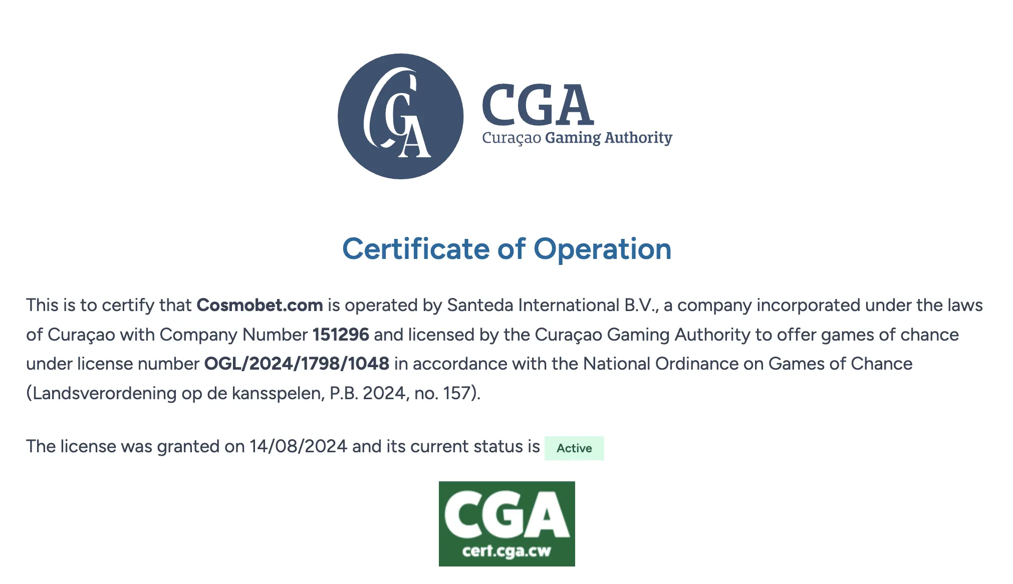 Cosmobet Curacao licence proof