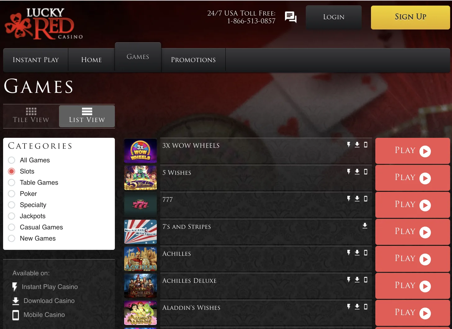 Lucky Red Casino games screenshot showing slot and casino categories