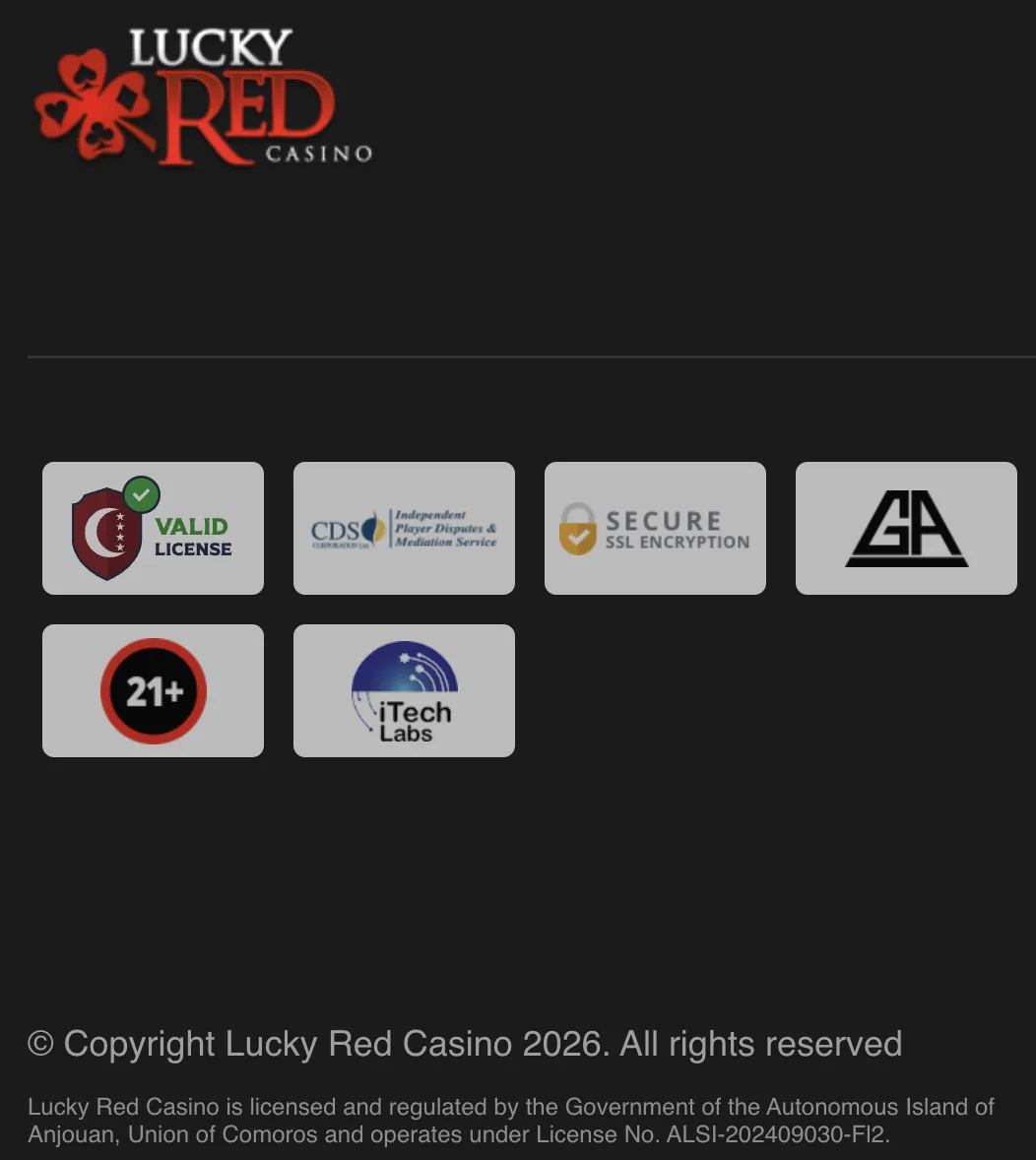 Lucky Red Casino licence and security screenshot showing the regulatory and protection signals