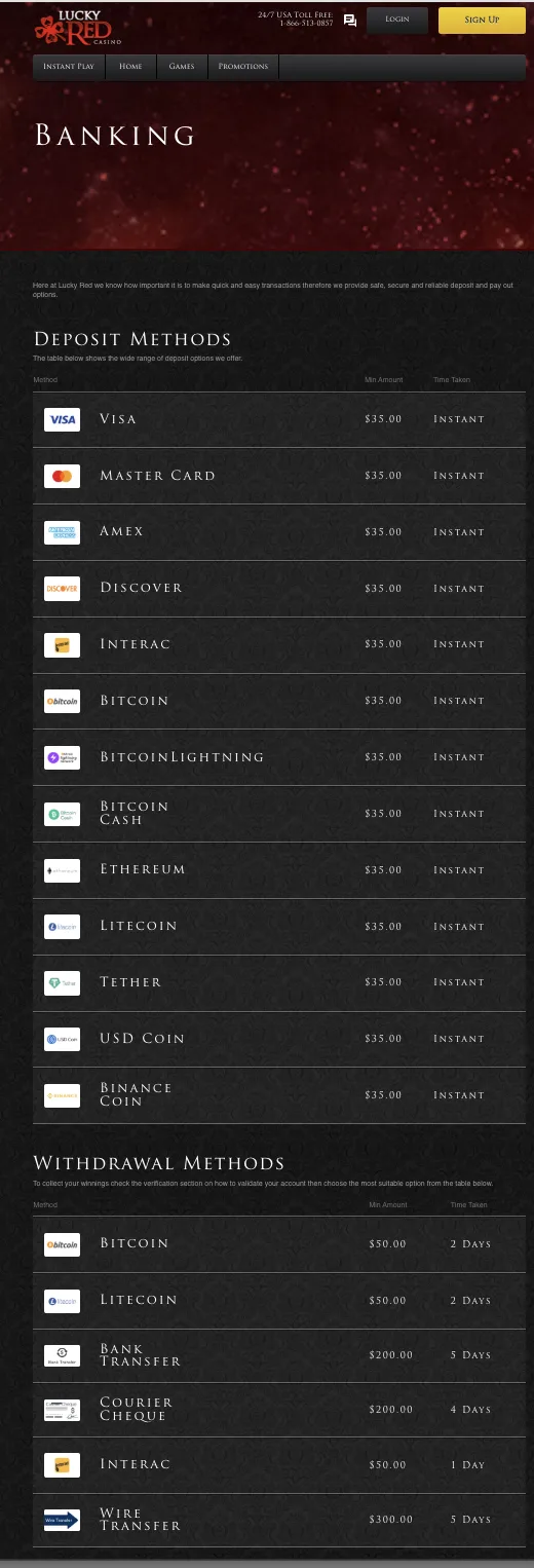 Lucky Red Casino payment limits screenshot showing deposit and withdrawal thresholds by method