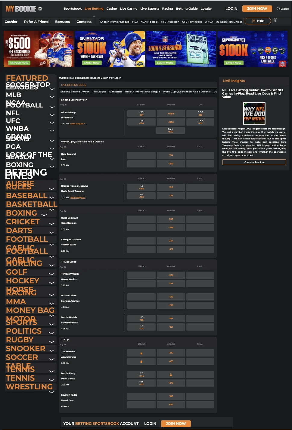 MyBookie live betting screen showing an active in-play sportsbook layout