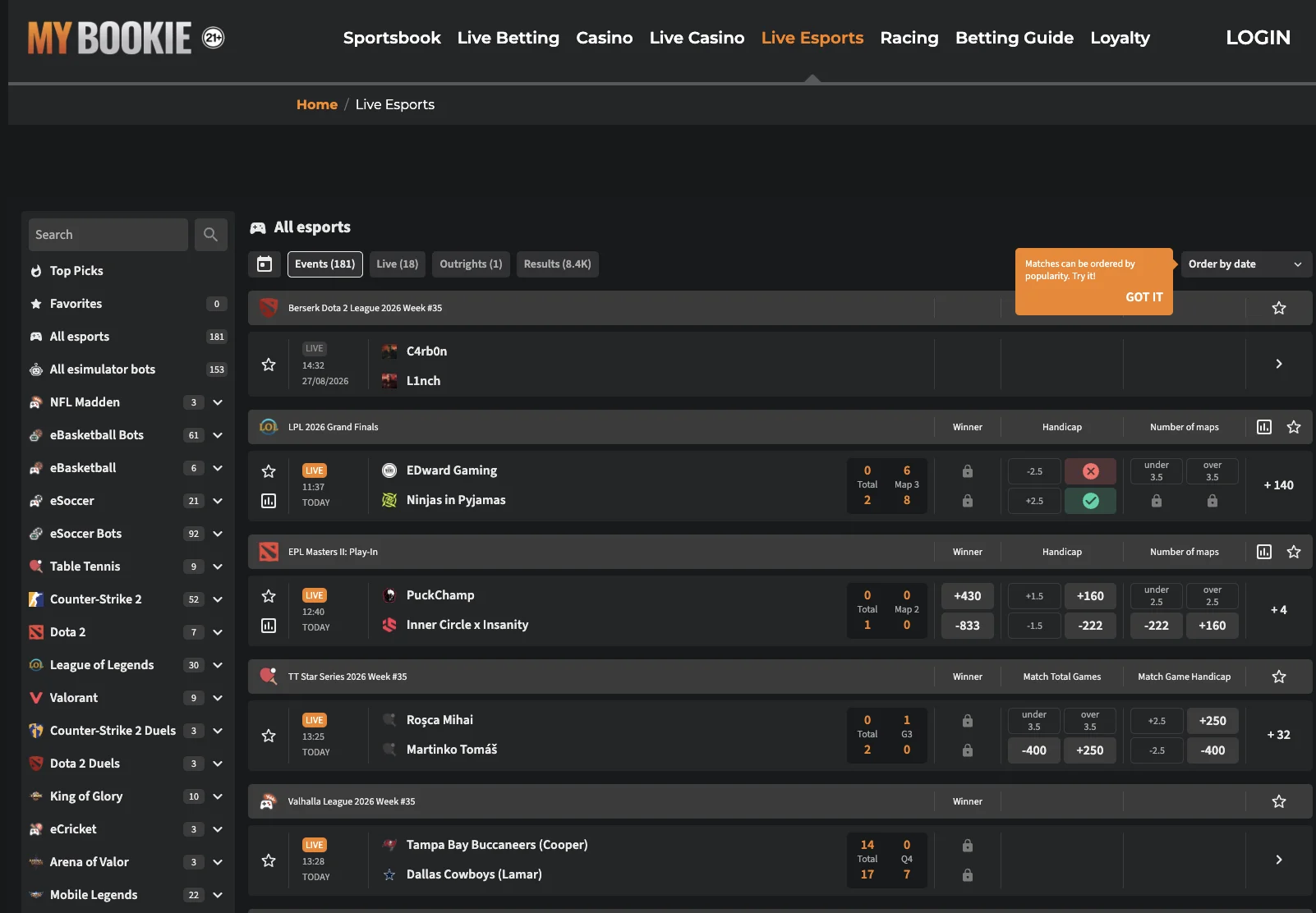 MyBookie live esports section showing esports betting markets