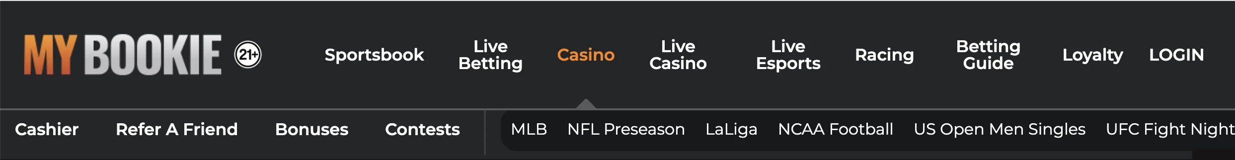 MyBookie product menu showing sportsbook, live betting, casino, live casino, live esports, racing, and loyalty