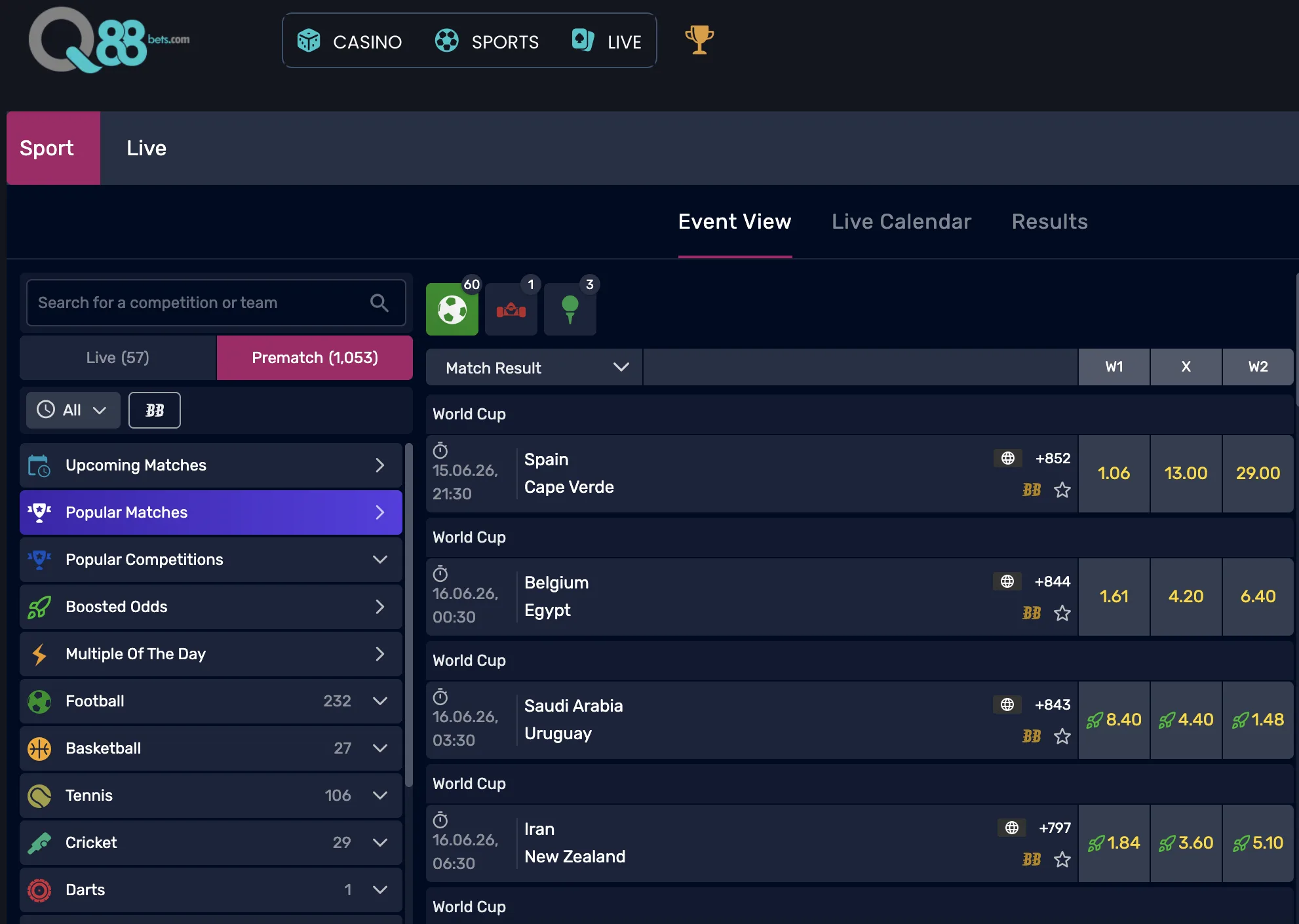 Q88bets sportsbook interface showing live and prematch sections