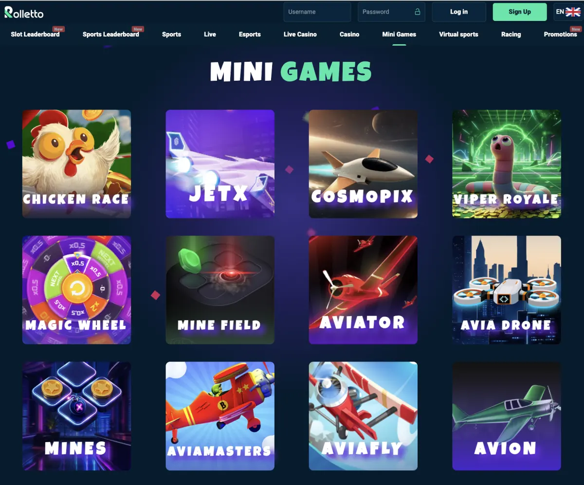 Rolletto mini-games lobby with Aviator, JetX, Mines, Chicken Race and Magic Wheel