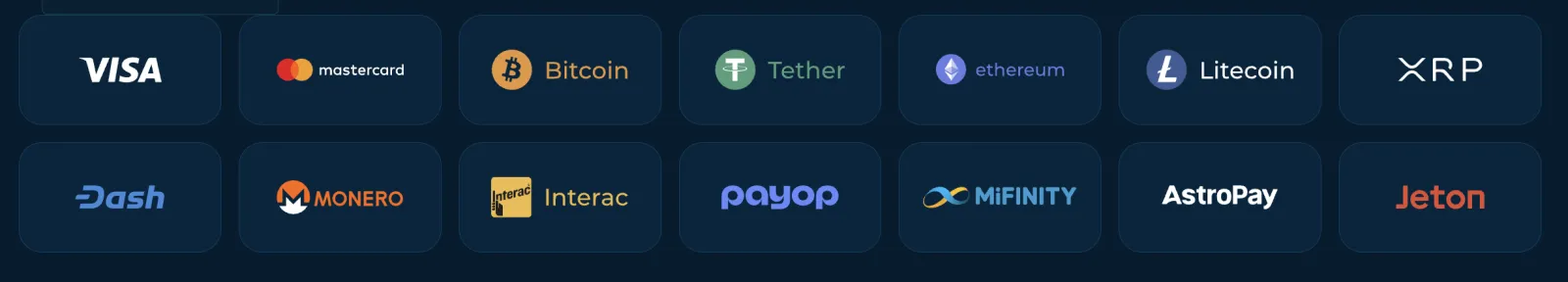 Rolletto payment methods including Visa, Mastercard, Bitcoin, Tether, Ethereum, Interac and MiFinity