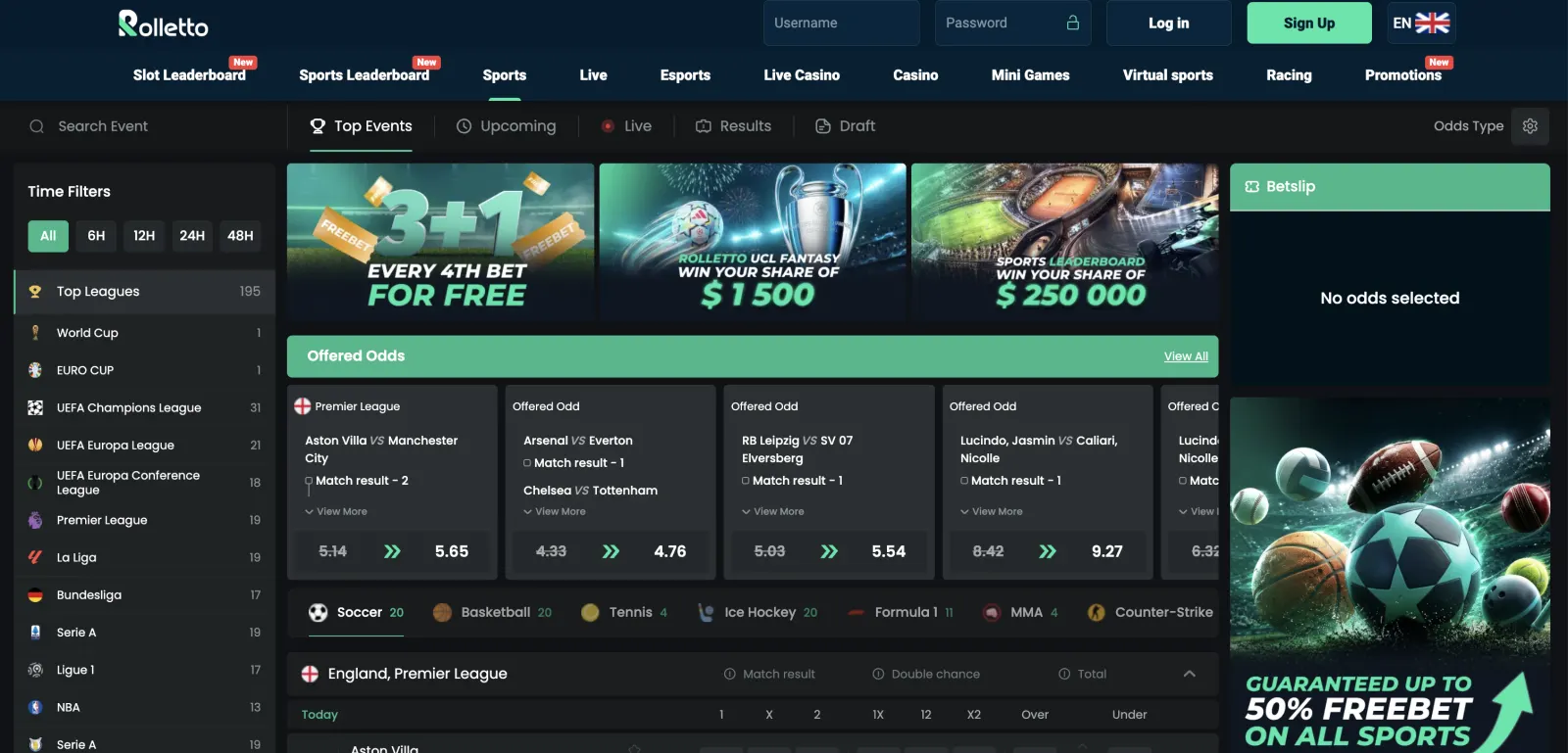 Rolletto sportsbook showing football competitions, live betting tabs and bet slip