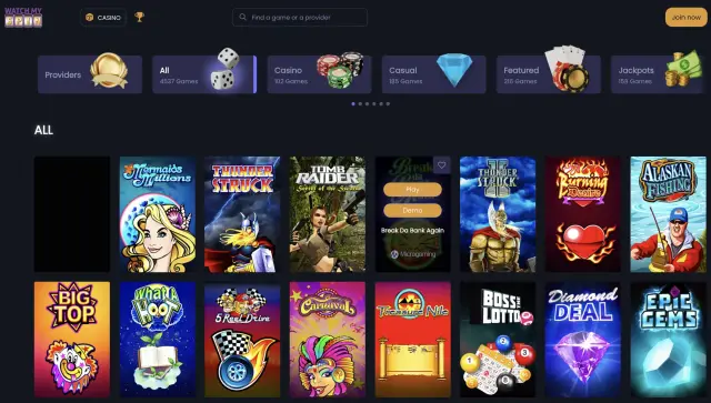 WatchMySpin games interface showing a wide range of slot and casino game tiles