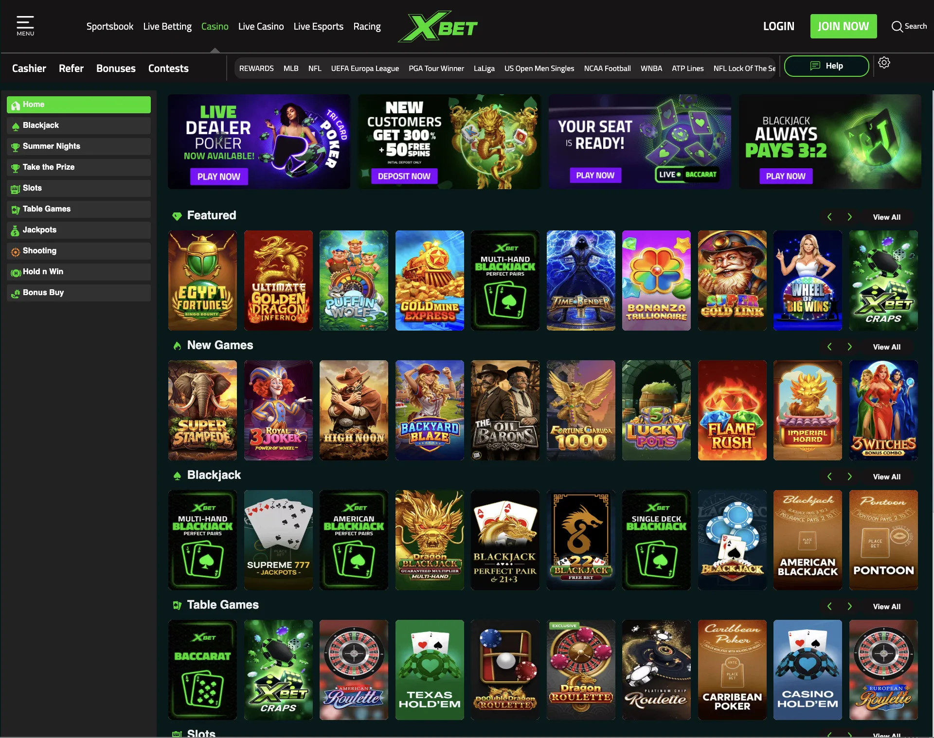 XBET casino section showing slots and casino navigation