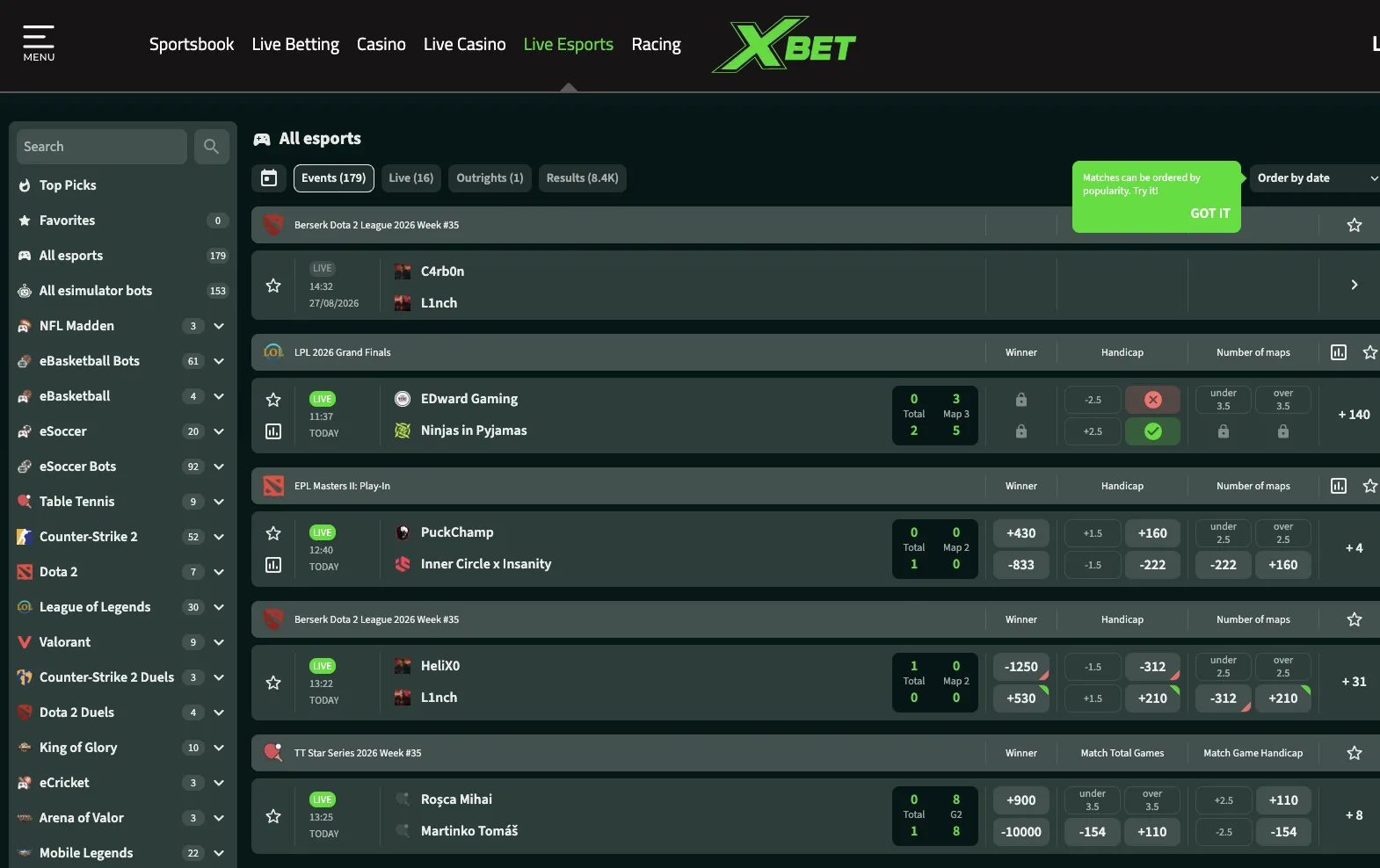 XBET live esports page showing esports betting content