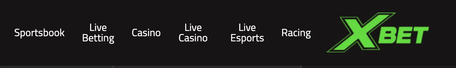 XBET product menu showing sportsbook, live betting, casino, live casino, live esports, and racing