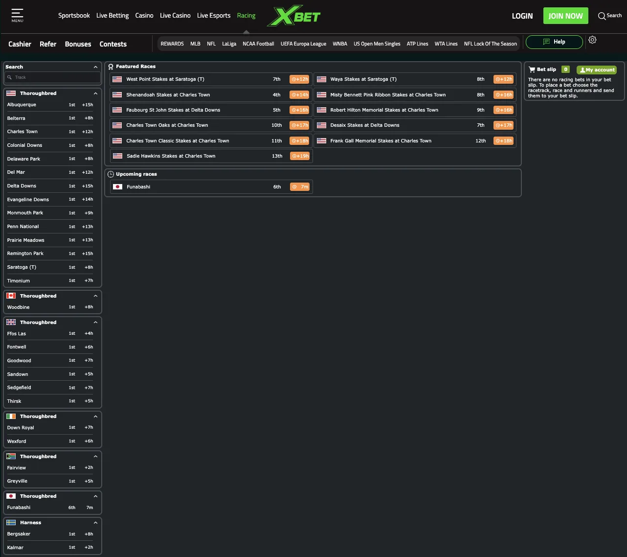 XBET racing page showing horse racing and related betting content