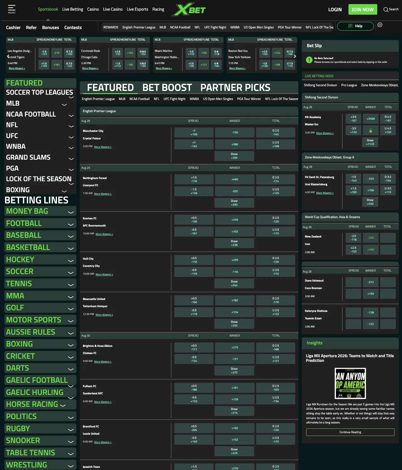 XBET sportsbook page showing markets and live betting structure